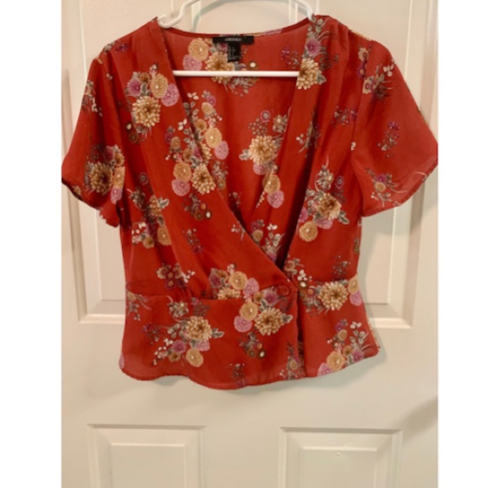 Burnt orange side button floral top